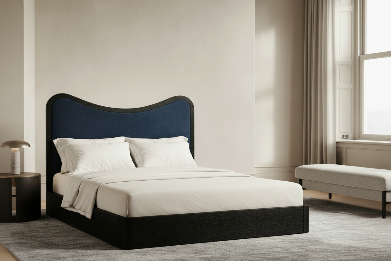 The Ondra Sculpted Bed | Solid Oak × Blue Velvet Upholstered Headboard