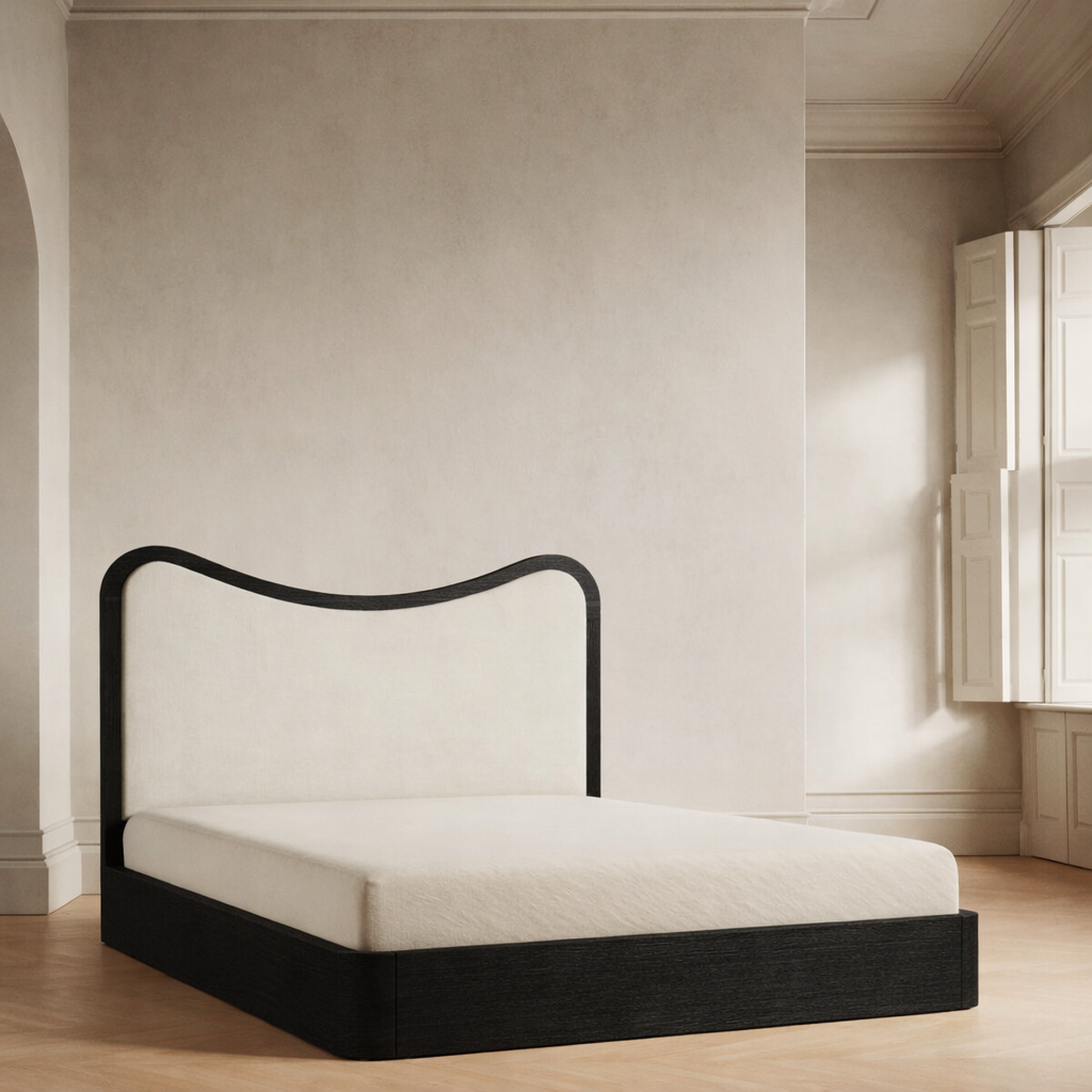 The Ondra Sculpted Bed | Solid Oak & Off-White Velvet Upholstered Headboard