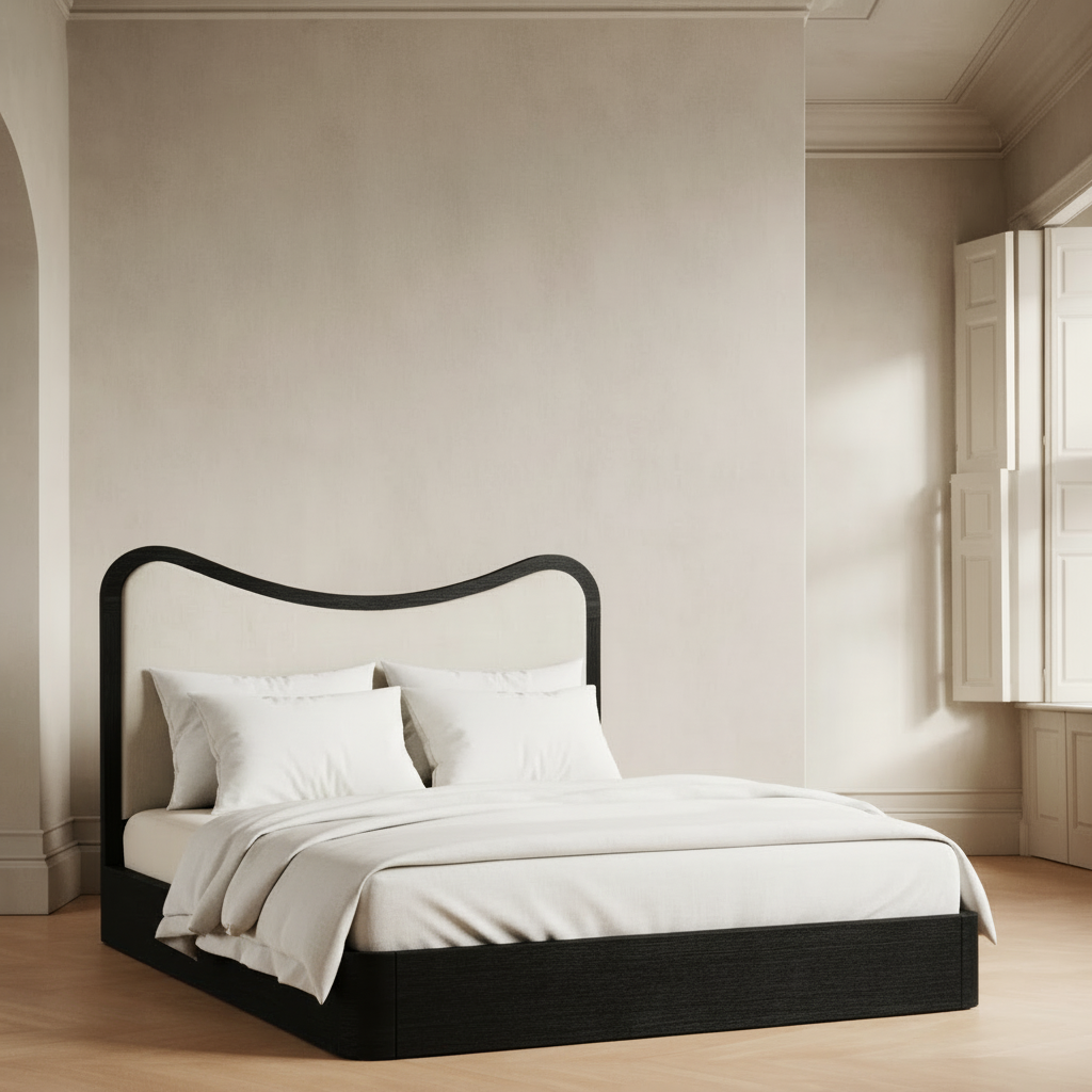 The Ondra Sculpted Bed | Solid Oak & Off-White Velvet Upholstered Headboard