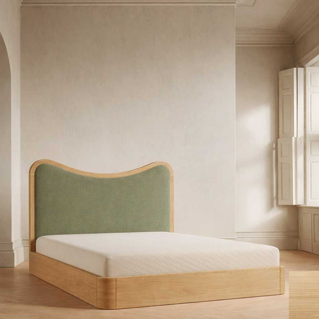 The Ondra Sculpted Bed | Solid Oak & Olive Velvet Upholstered Headboard