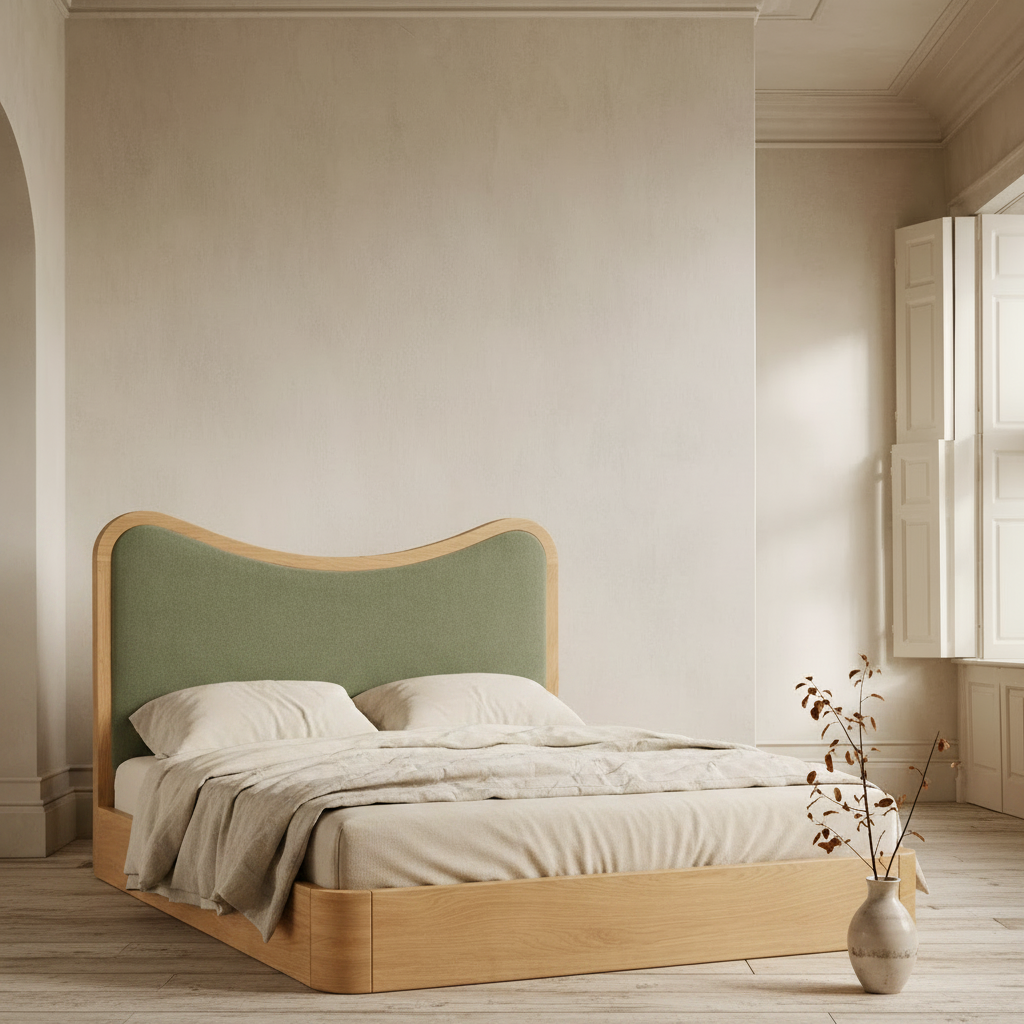 The Ondra Sculpted Bed | Solid Oak & Olive Velvet Upholstered Headboard