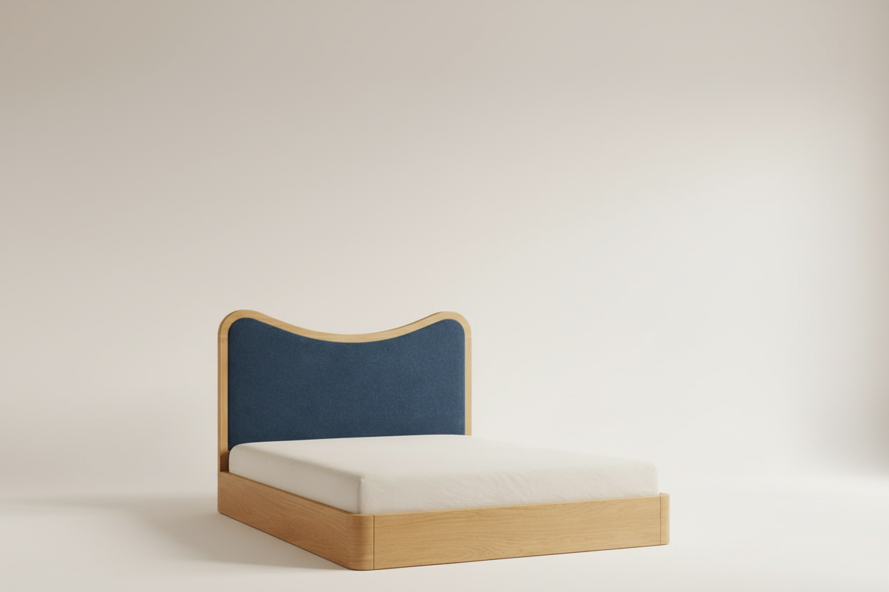 The Ondra Sculpted Bed | Solid Oak × Blue Velvet Upholstered Headboard