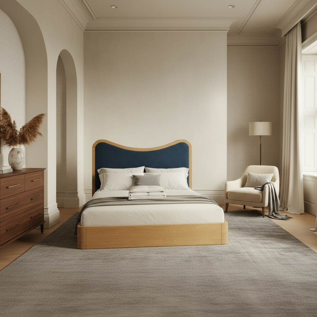 The Ondra Sculpted Bed | Solid Oak & Blue Velvet Upholstered Headboard