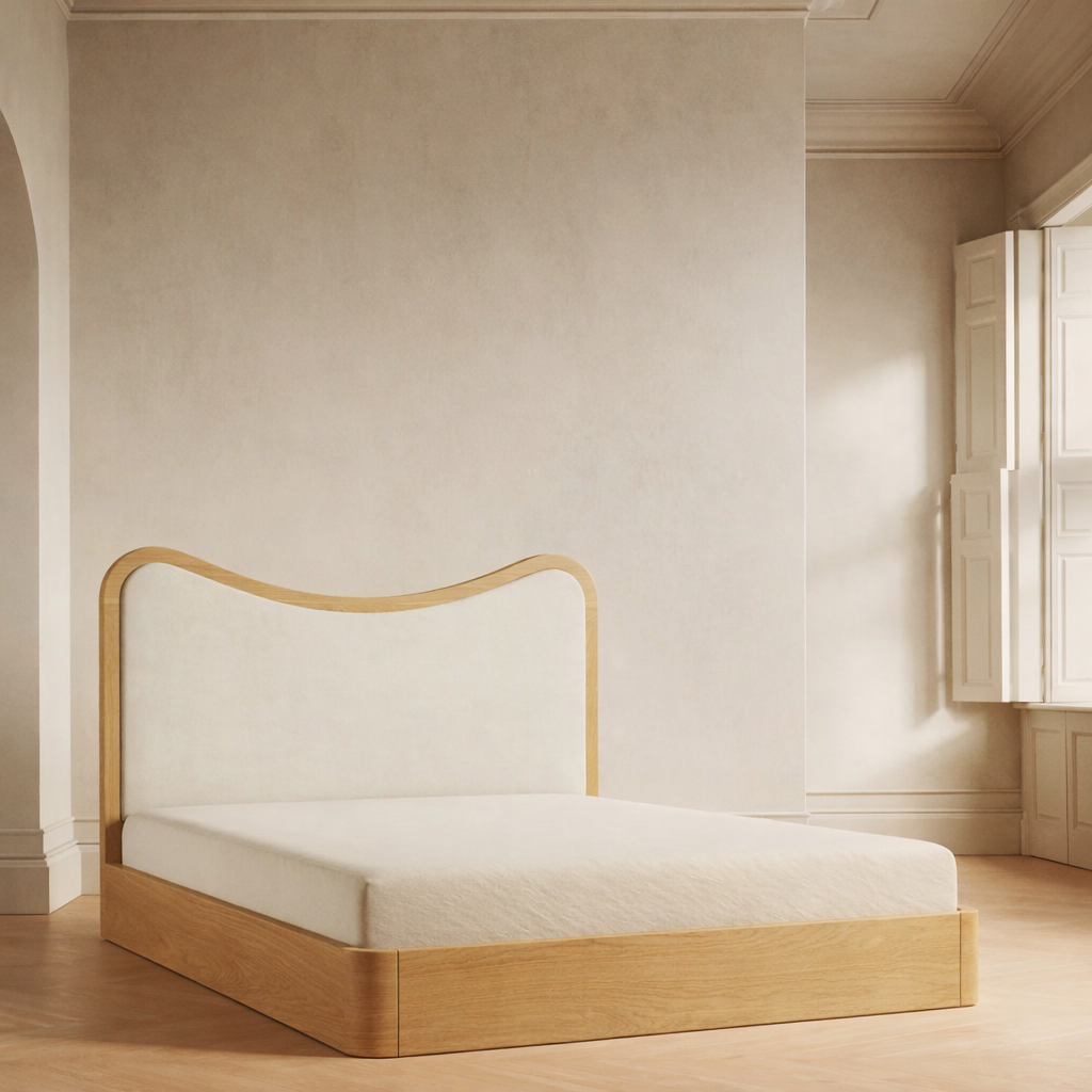 The Ondra Sculpted Bed | Solid Oak & Off-White Velvet Upholstered Headboard