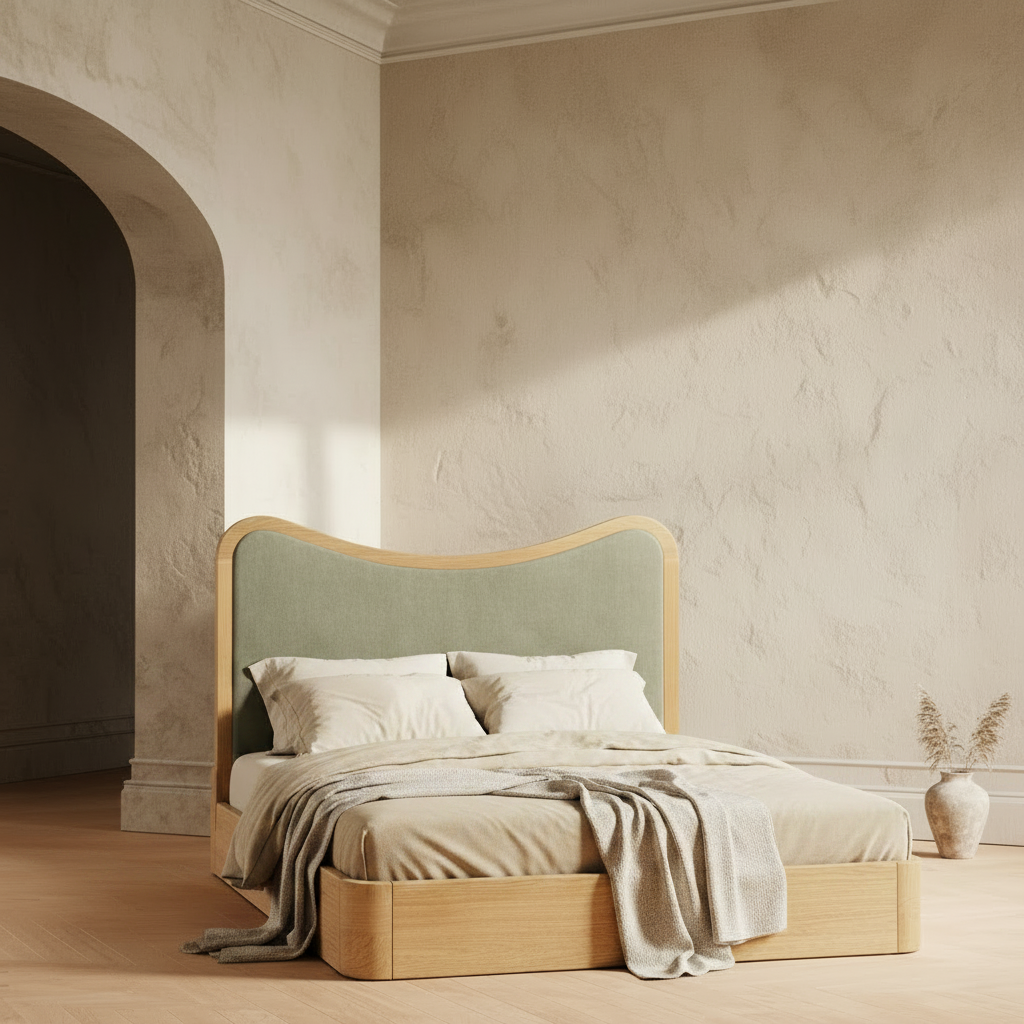 The Ondra Sculpted Bed | Solid Oak × Sage Velvet Upholstered Headboard