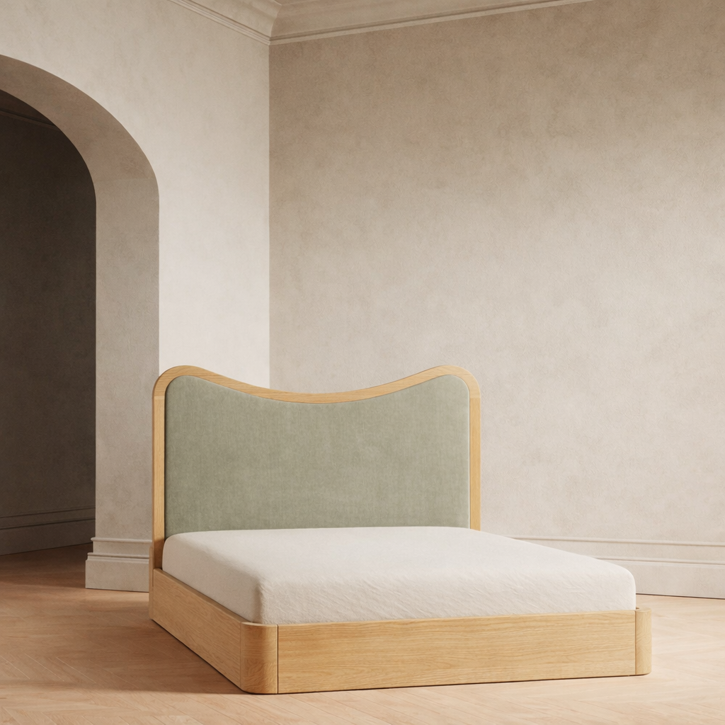 The Ondra Sculpted Bed | Solid Oak × Sage Velvet Upholstered Headboard