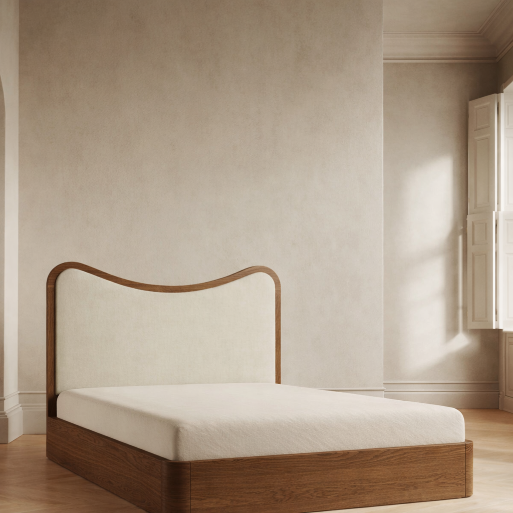 The Ondra Sculpted Bed | Solid Oak & Off-White Velvet Upholstered Headboard