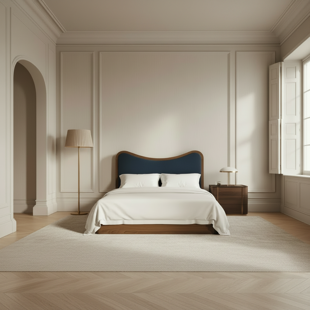 The Ondra Sculpted Bed | Solid Oak & Blue Velvet Upholstered Headboard