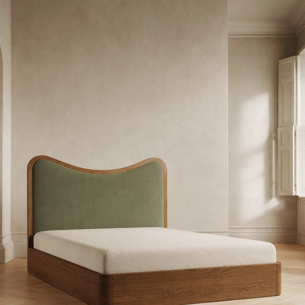 The Ondra Sculpted Bed | Solid Oak & Olive Velvet Upholstered Headboard