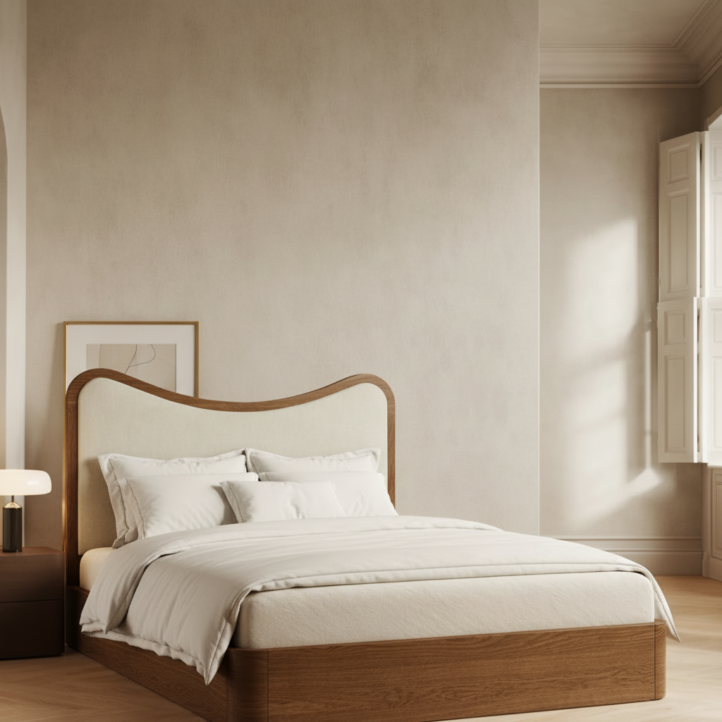 The Ondra Sculpted Bed | Solid Oak & Off-White Velvet Upholstered Headboard