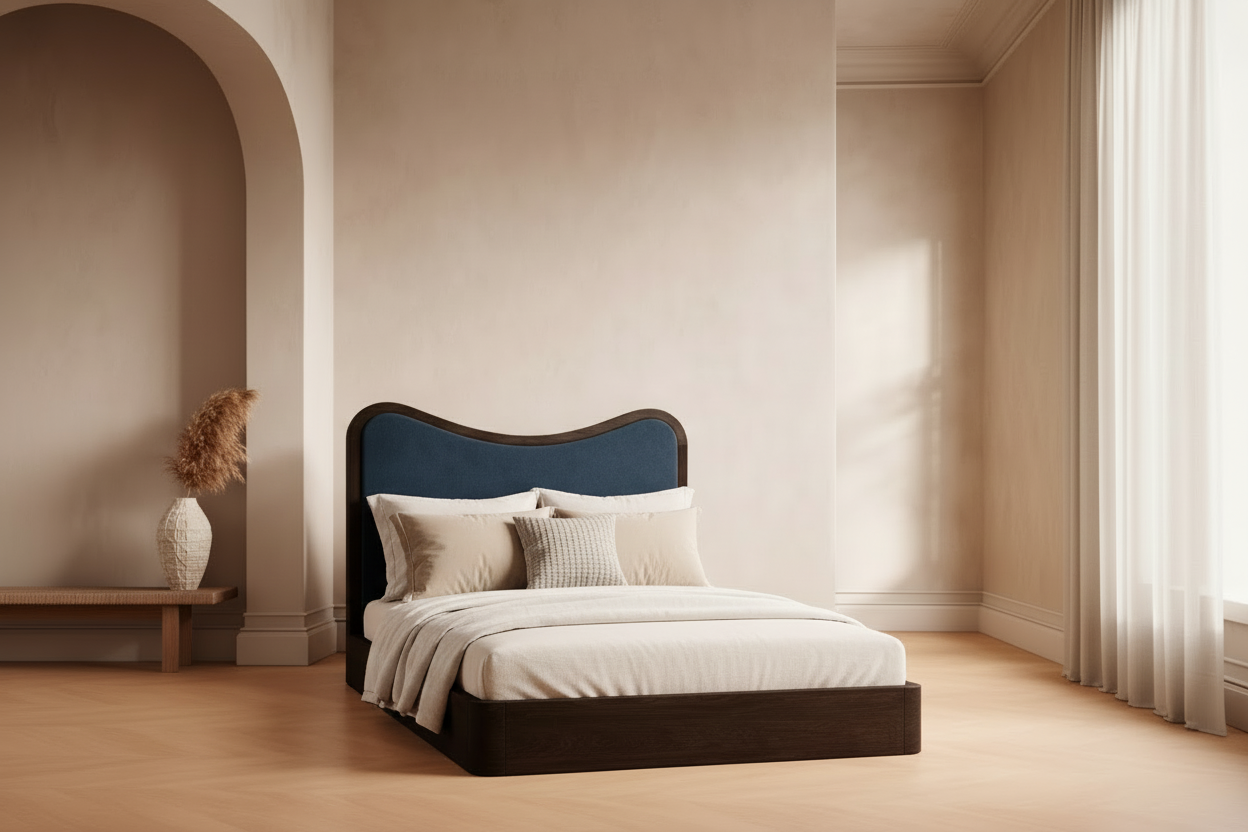 The Ondra Sculpted Bed | Solid Oak × Blue Velvet Upholstered Headboard