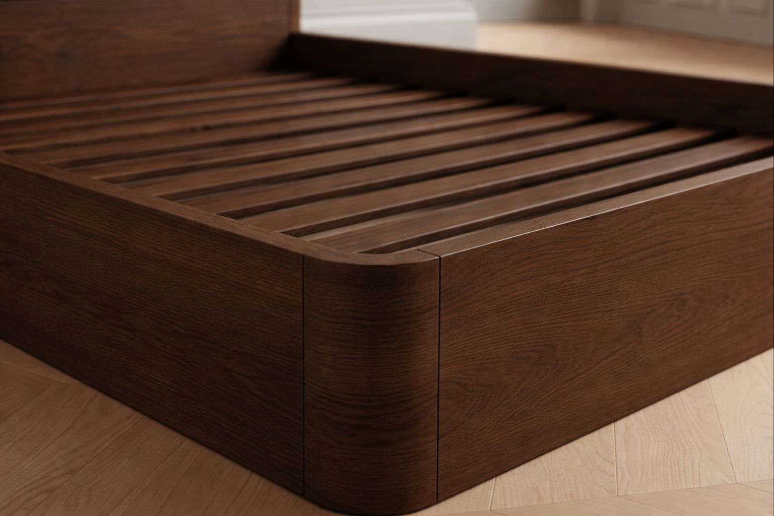 The Ondra Sculpted Bed | Solid Oak × Blue Velvet Upholstered Headboard