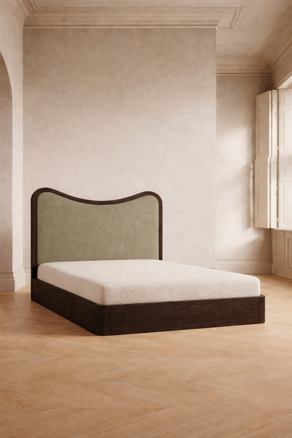 The Ondra Sculpted Bed | Solid Oak × Sage Velvet Upholstered Headboard