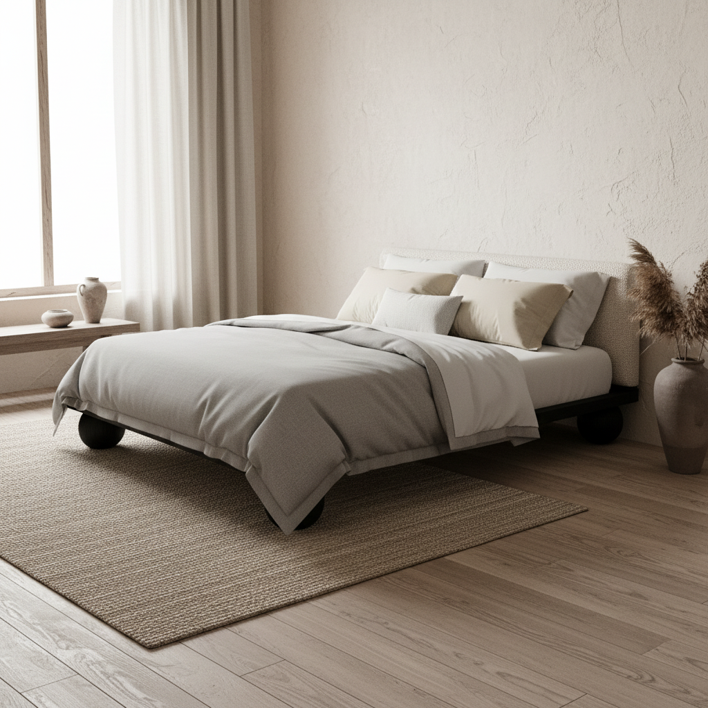 The Sólberg Platform Bed | Solid Black Oak & Bouclé Upholstered Headboard