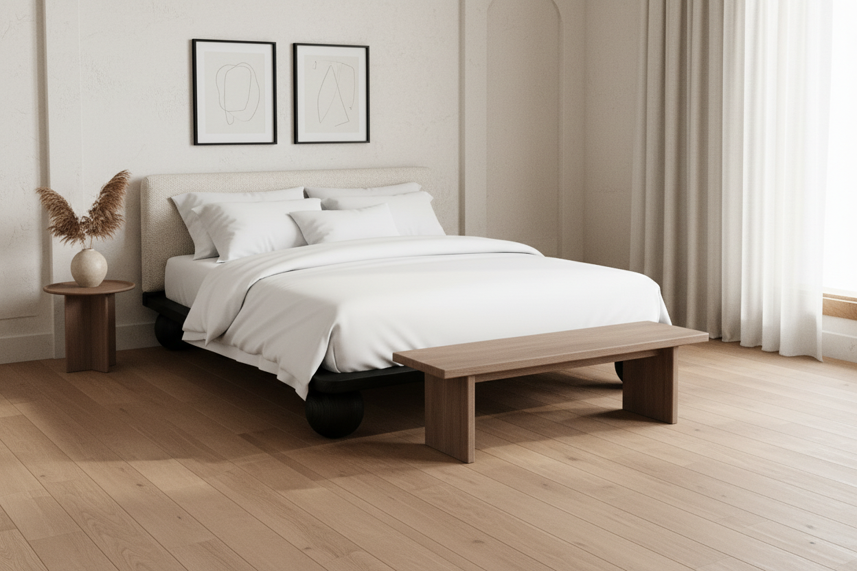The Sólberg Platform Bed | Solid Black Oak & Bouclé Upholstered Headboard