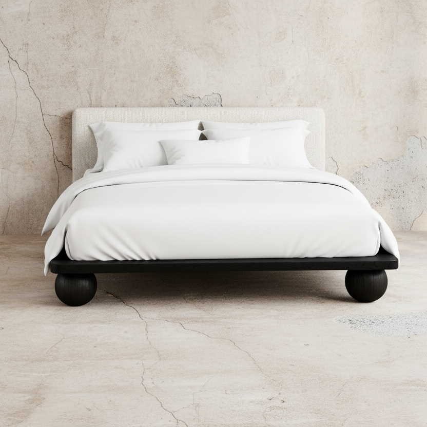 The Sólberg Platform Bed | Solid Black Oak & Bouclé Upholstered Headboard