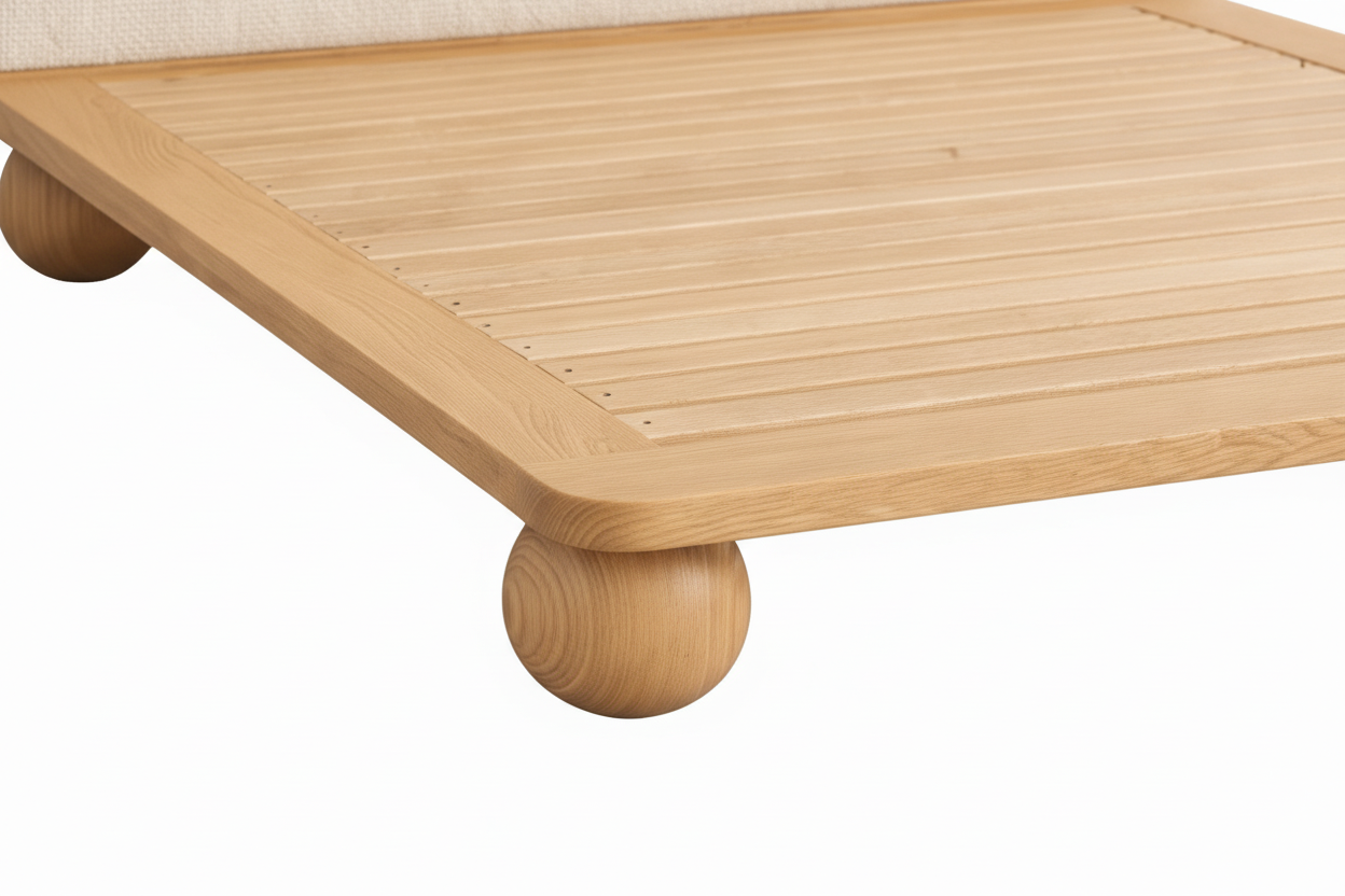 The Sólberg Platform Bed | Solid Light Oak & Bouclé Upholstered Headboard