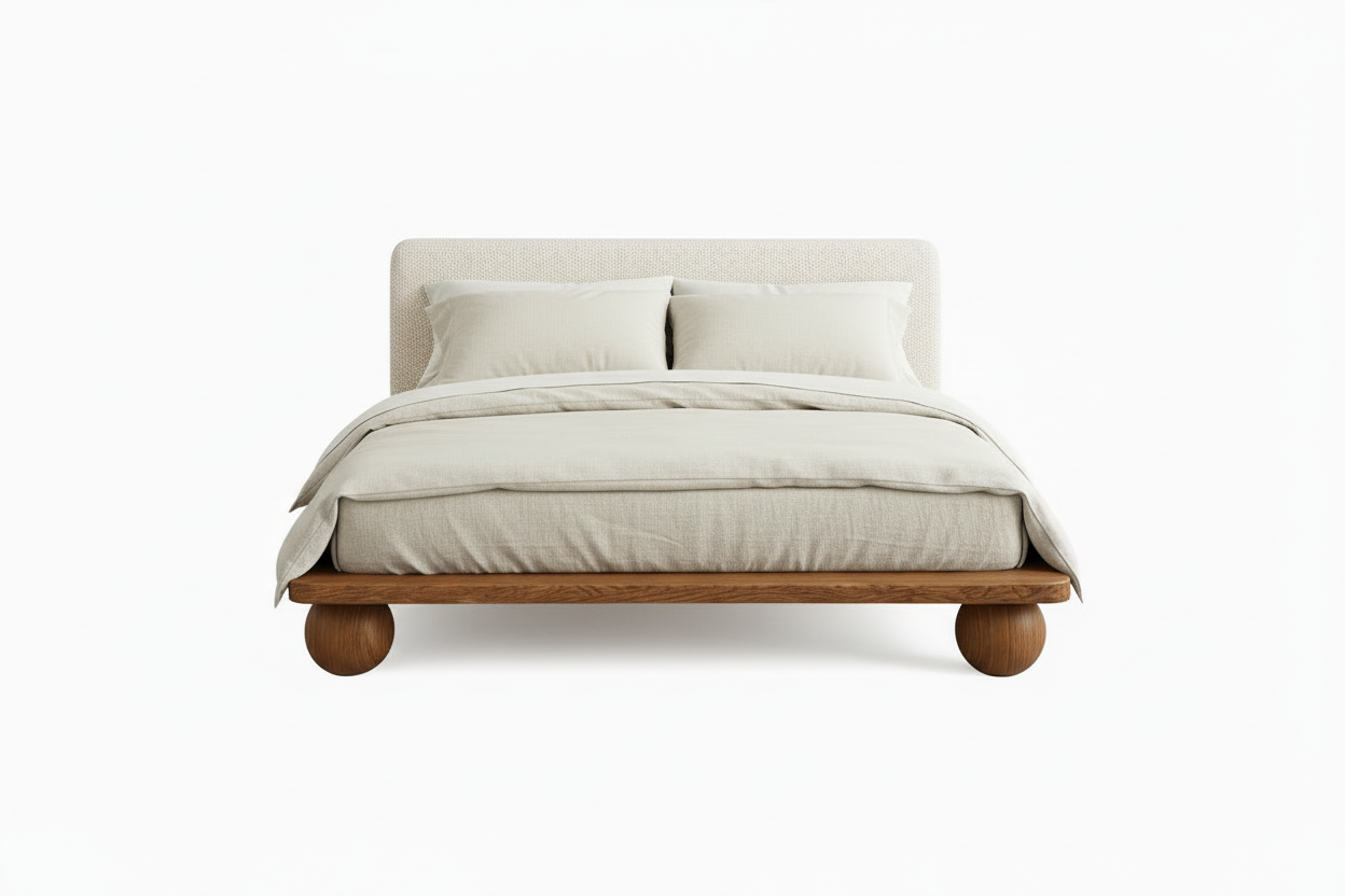 The Sólberg Platform Bed | Solid Natural Oak & Bouclé Upholstered Headboard