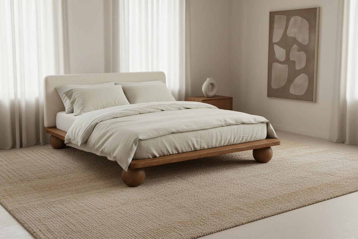 The Sólberg Platform Bed | Solid Natural Oak & Bouclé Upholstered Headboard