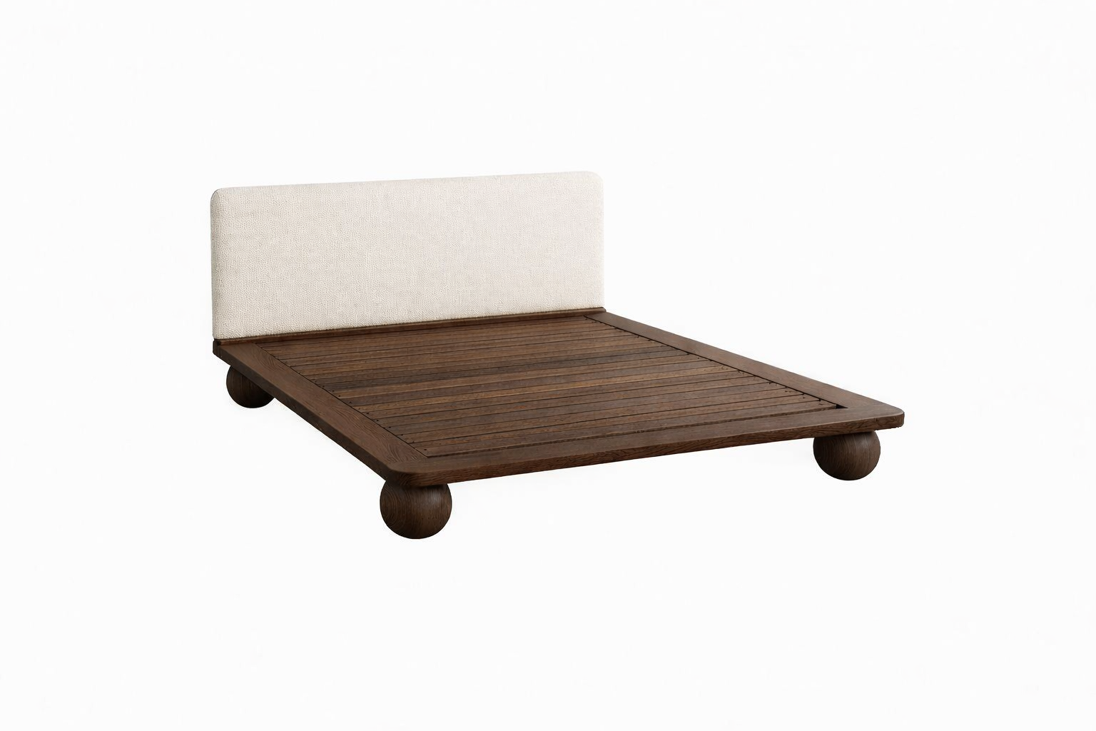 The Sólberg Platform Bed | Solid Oak & Bouclé Upholstered Headboard | Walnut Oak Finish