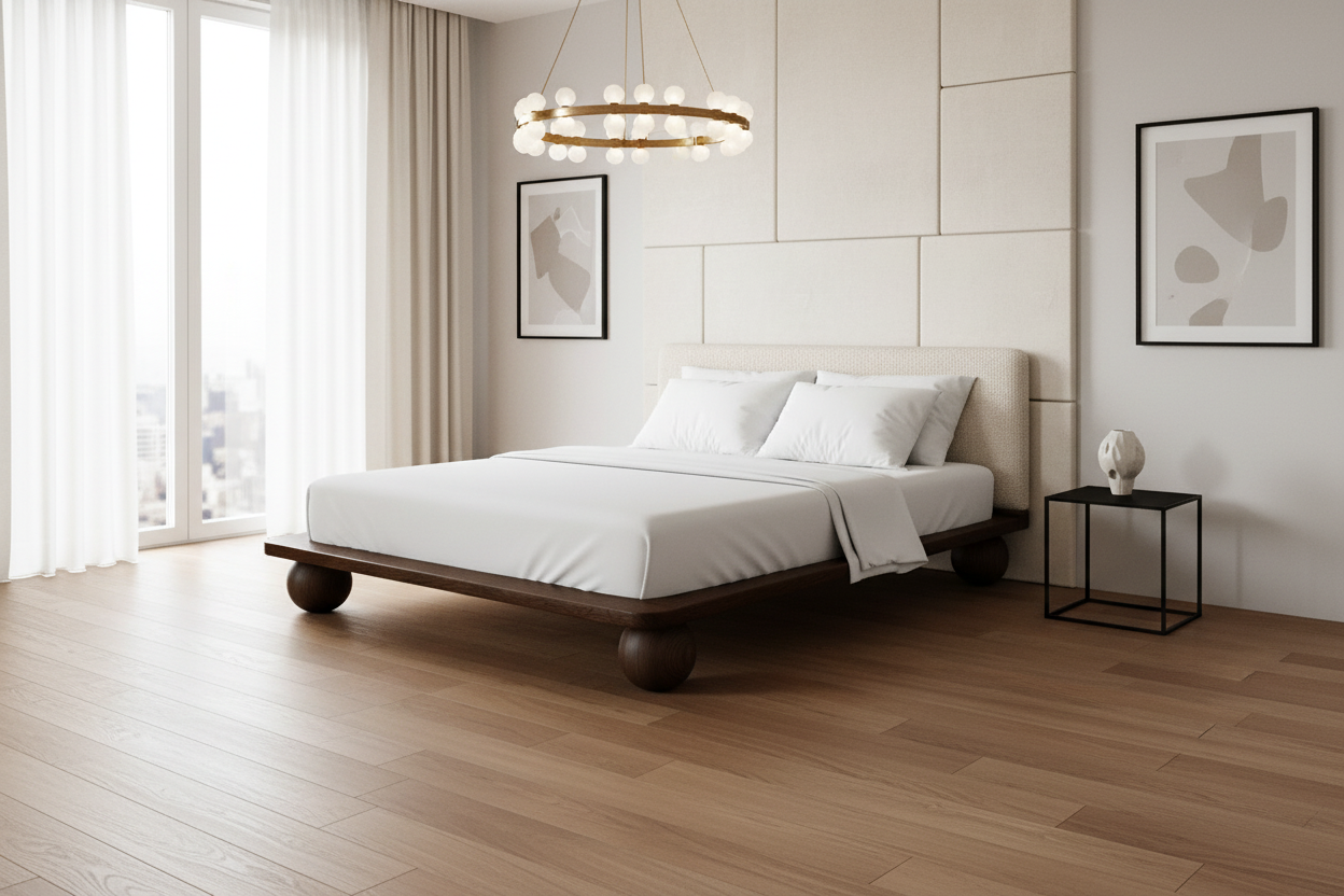 The Sólberg Platform Bed | Solid Oak & Bouclé Upholstered Headboard | Walnut Oak Finish