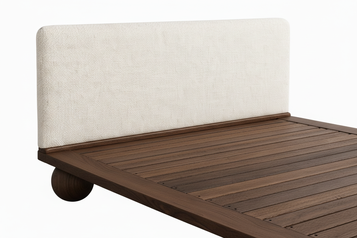 The Sólberg Platform Bed | Solid Oak & Bouclé Upholstered Headboard | Walnut Oak Finish