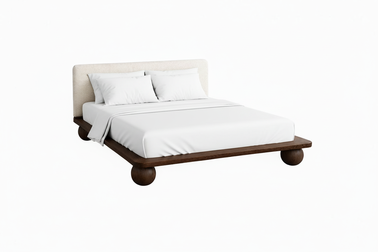The Sólberg Platform Bed | Solid Oak & Bouclé Upholstered Headboard | Walnut Oak Finish