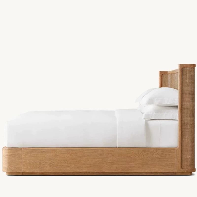 Solid Oak & Rattan Japandi Platform Bed Frame | HLMPrjp32 - Beds