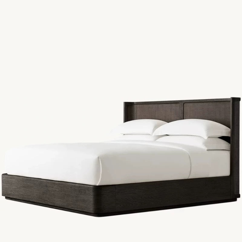 Solid Oak & Rattan Japandi Platform Bed Frame | HLMPrjp32 - Beds