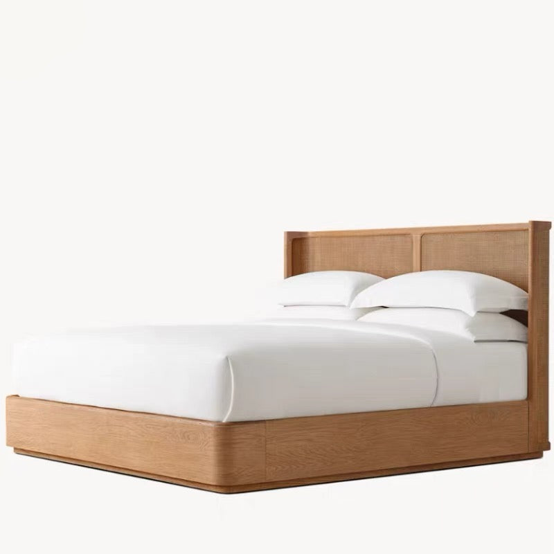 Solid Oak & Rattan Japandi Platform Bed Frame | HLMPrjp32 - Beds