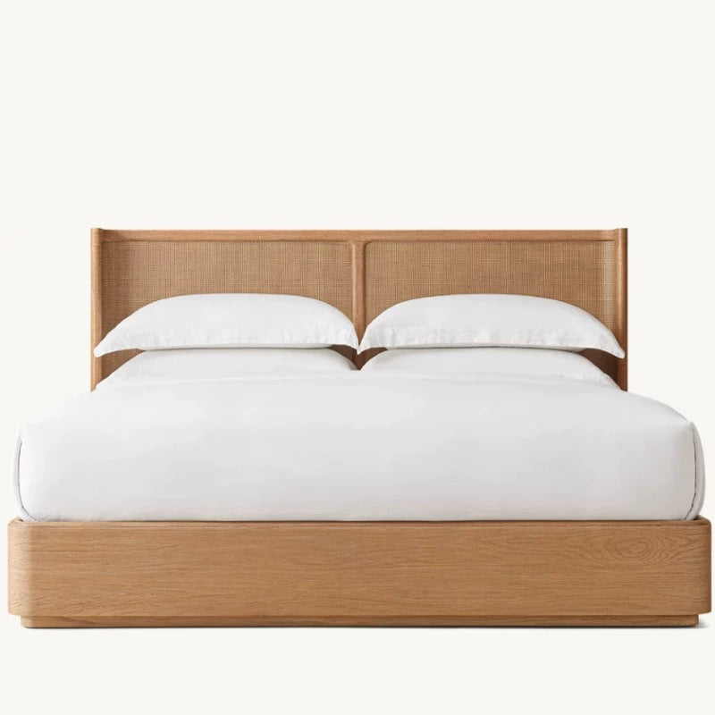 Solid Oak & Rattan Japandi Platform Bed Frame | HLMPrjp32 - Double / Walnut - Beds