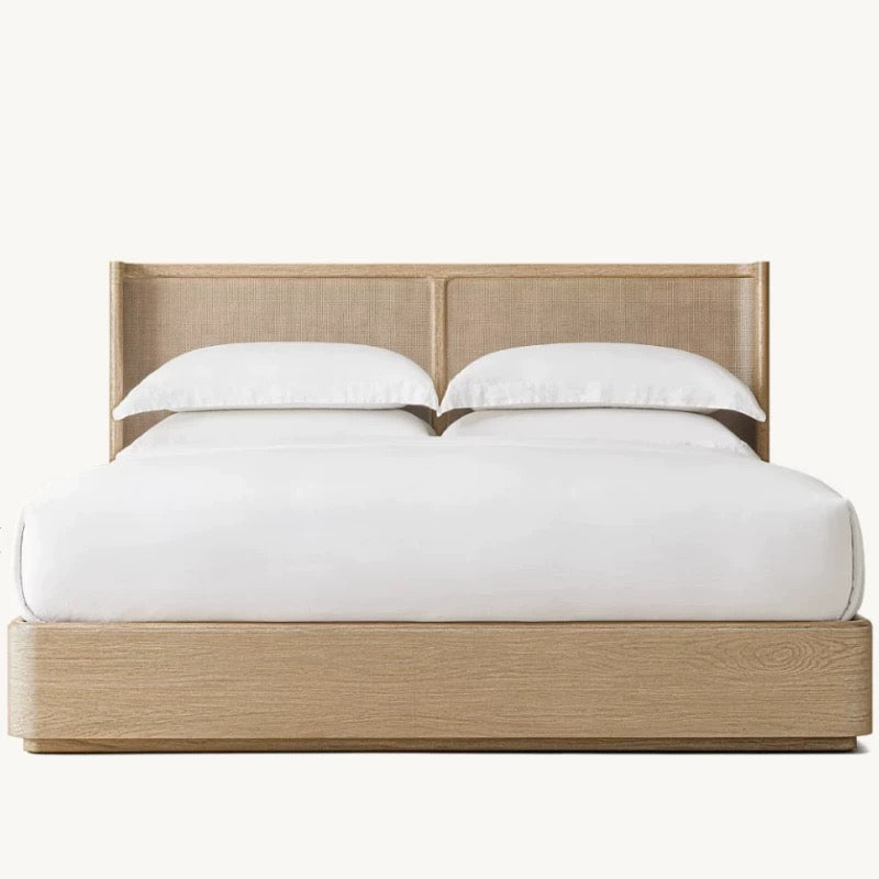 Solid Oak & Rattan Japandi Platform Bed Frame | HLMPrjp32 - Double / Oak - Beds