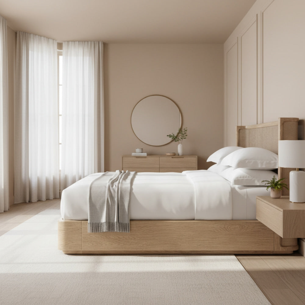 Solid Oak Platform Bed Frame – Natural Wood – Queen Size – Japandi
