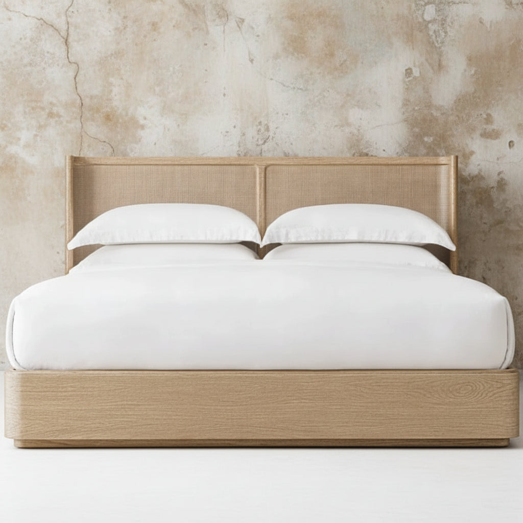 Solid Oak & Rattan Japandi Platform Bed Frame | HLMPrjp32 - Double / Oak - Beds