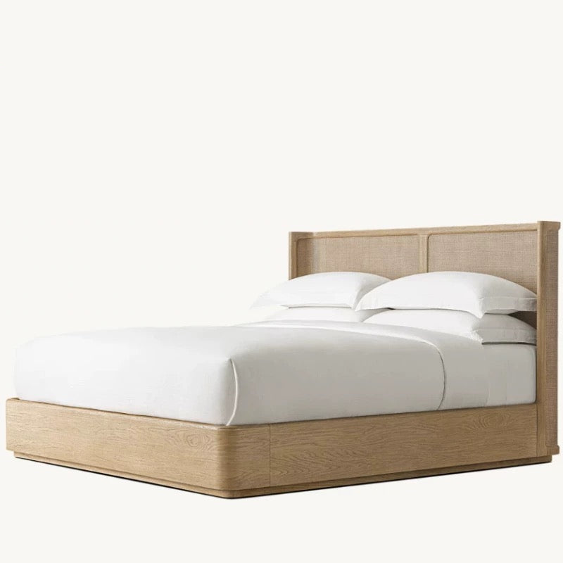 Solid Oak & Rattan Japandi Platform Bed Frame | HLMPrjp32 - Beds