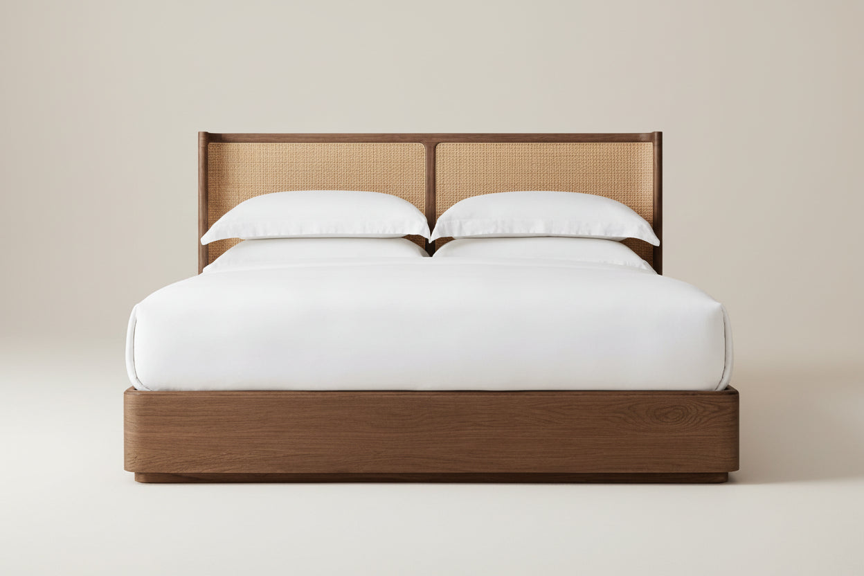 Solid Oak & Rattan Japandi Platform Bed Frame | HLMPrjp32 - Double / Light walnut - Beds