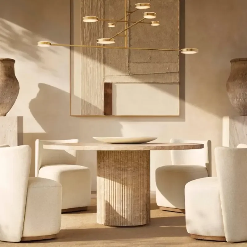 Travertine Round Dining Table – Modern Luxury with Fluted Base for Elegant Interiors
