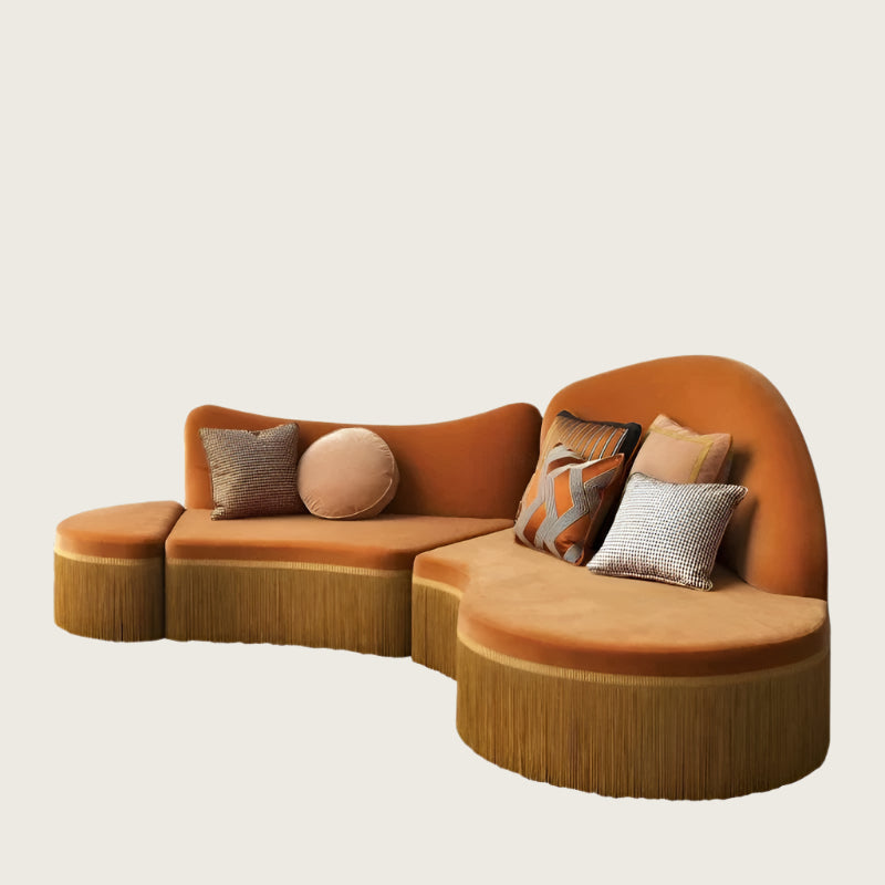 Eclectic Velvet Sofa in Bold Orange with Fringe Detailing | Luxury Living Room