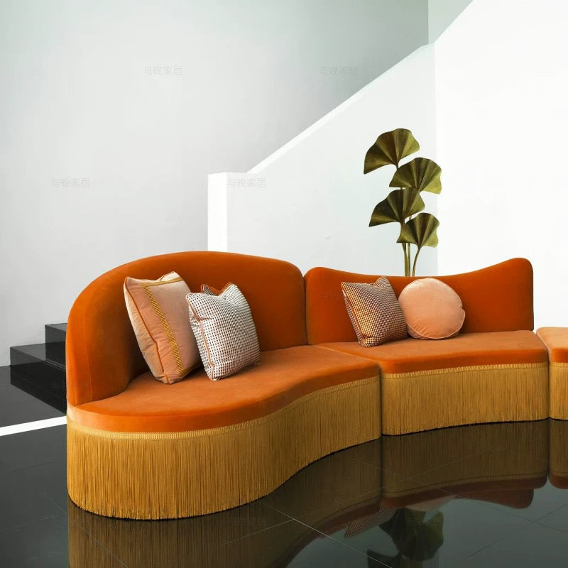 Eclectic Velvet Sofa in Bold Orange with Fringe Detailing | Luxury Living Room