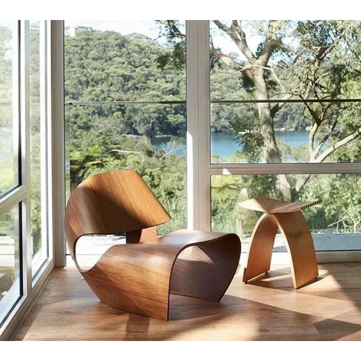 Modern Sculptural Lounge Chairs with Curved Wood Design Minimalist Accent in Black Walnut and Natural Finish
