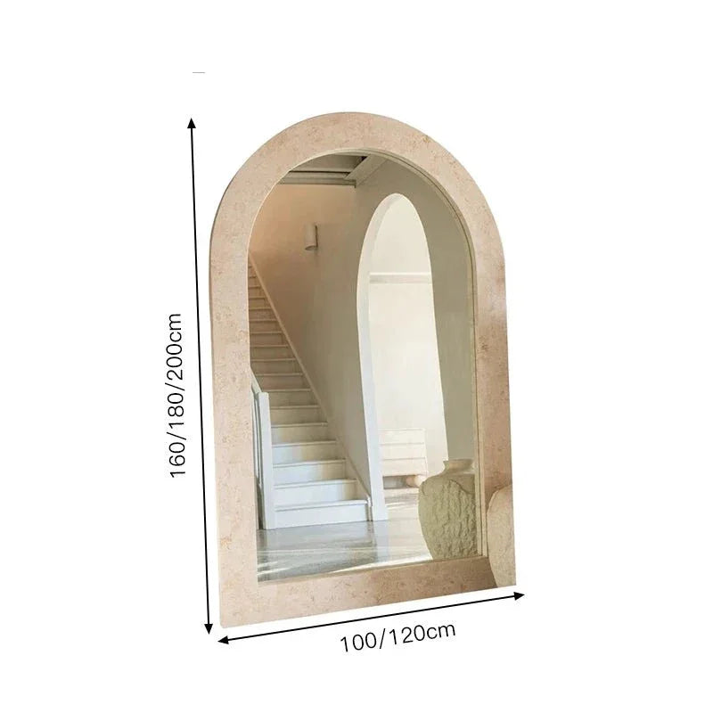 Arched Full-length Floor Mirror with Beige Stone Frame – Modern Minimalist Design for Bedrooms and Entryways