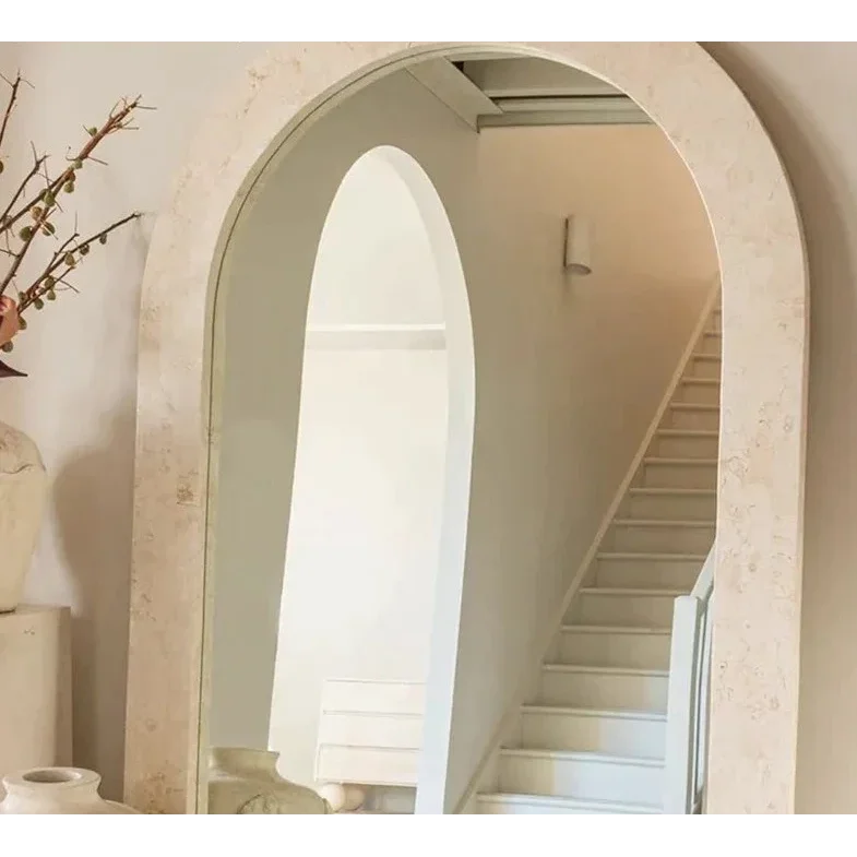 Arched Full-length Floor Mirror with Beige Stone Frame – Modern Minimalist Design for Bedrooms and Entryways