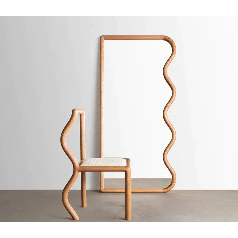Modern Curved Wooden Mirror and Chair Set – Sculptural Walnut Natural Oak Design for Minimalist Interiors